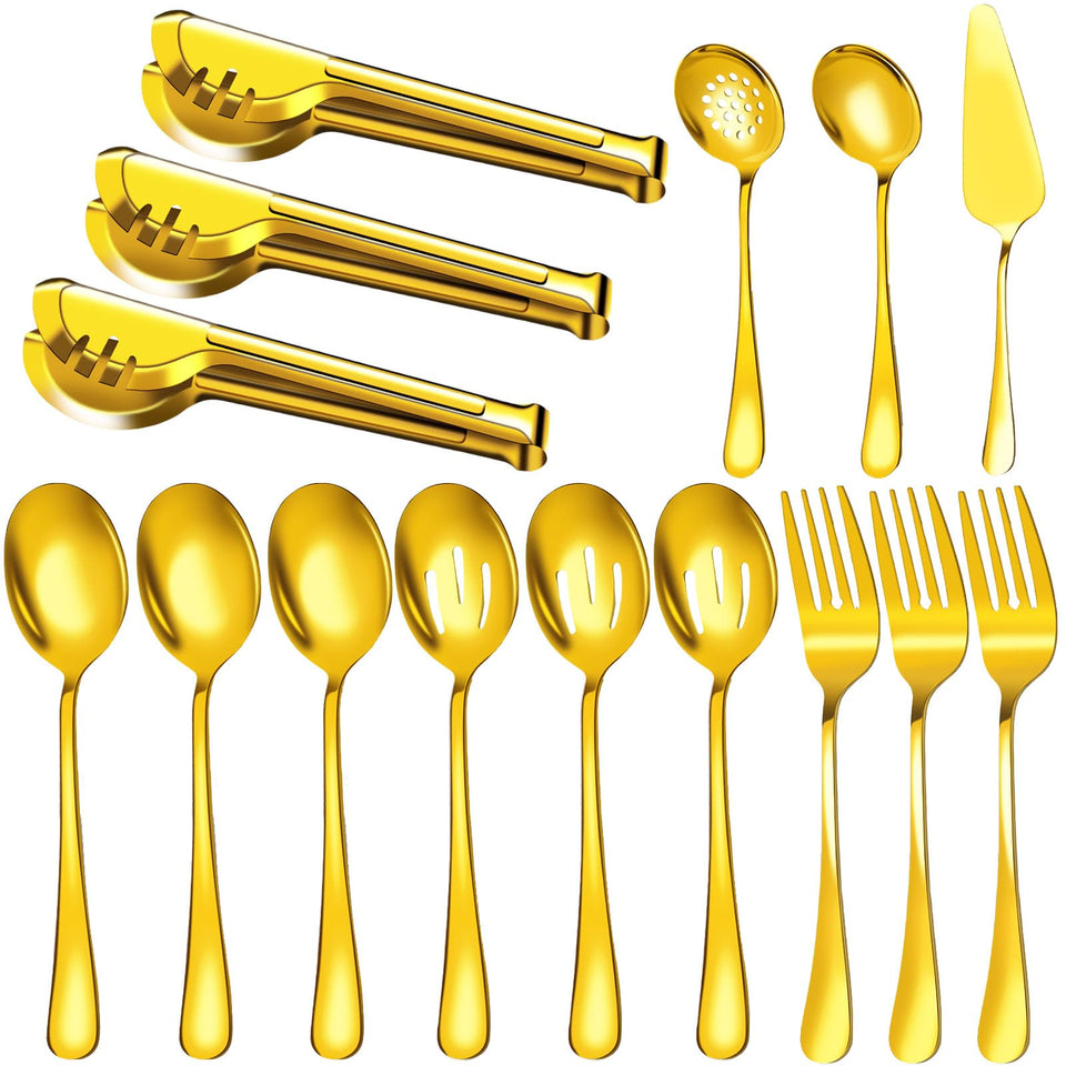 ModaSin 15-piece gold serving utensils set for elegant buffet presentation