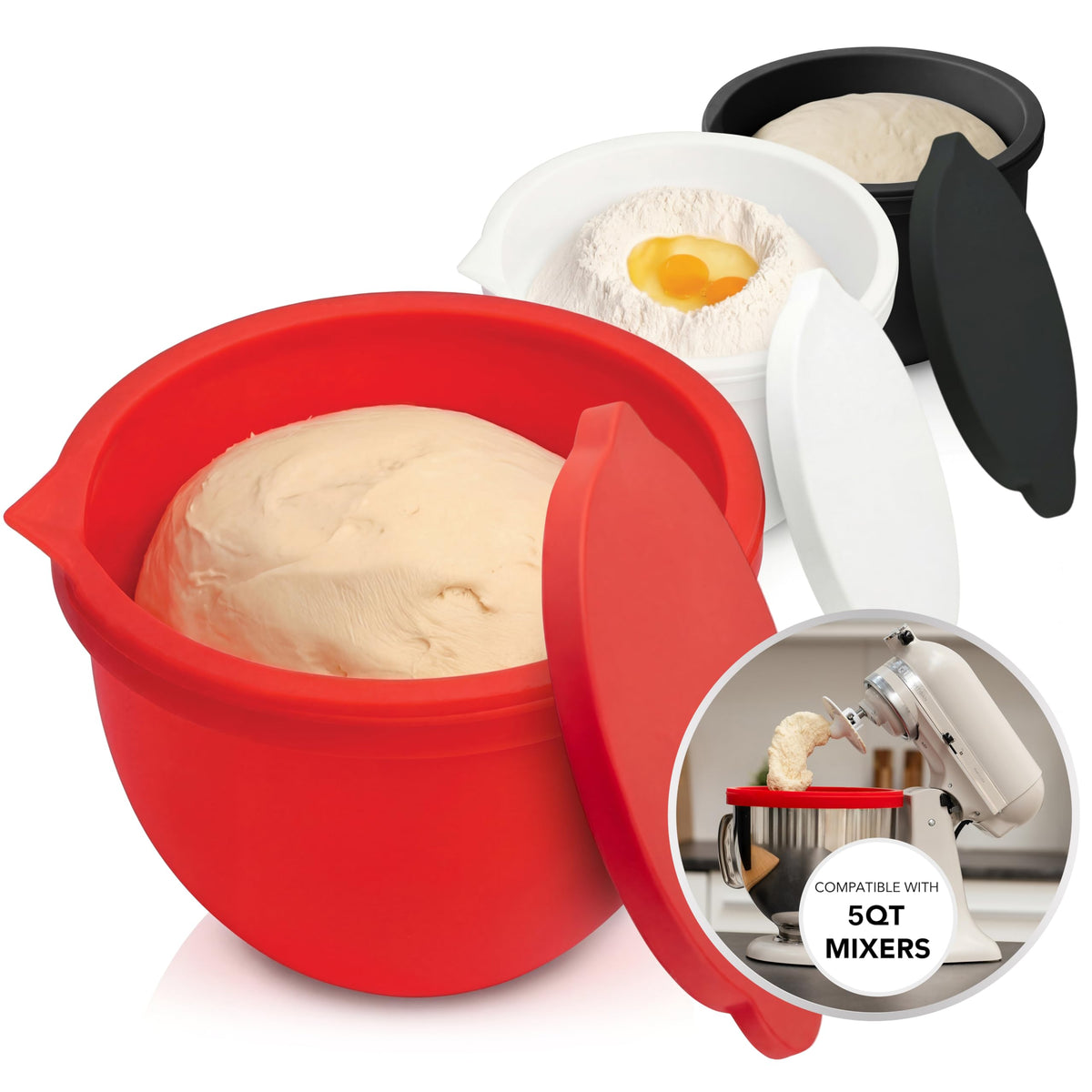 MODAURA MIXAID red-lid silicone liner in KitchenAid bowl for mess-free mixing