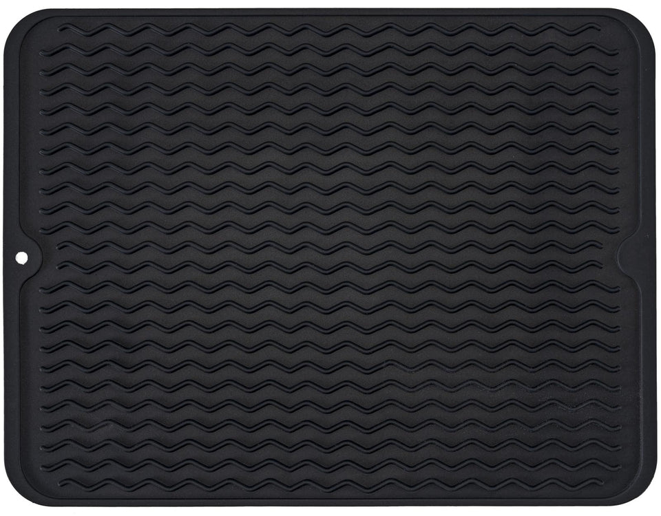 MODENGKONGJIAN silicone dish drying mat in black keeps countertops dry and organized after washing.