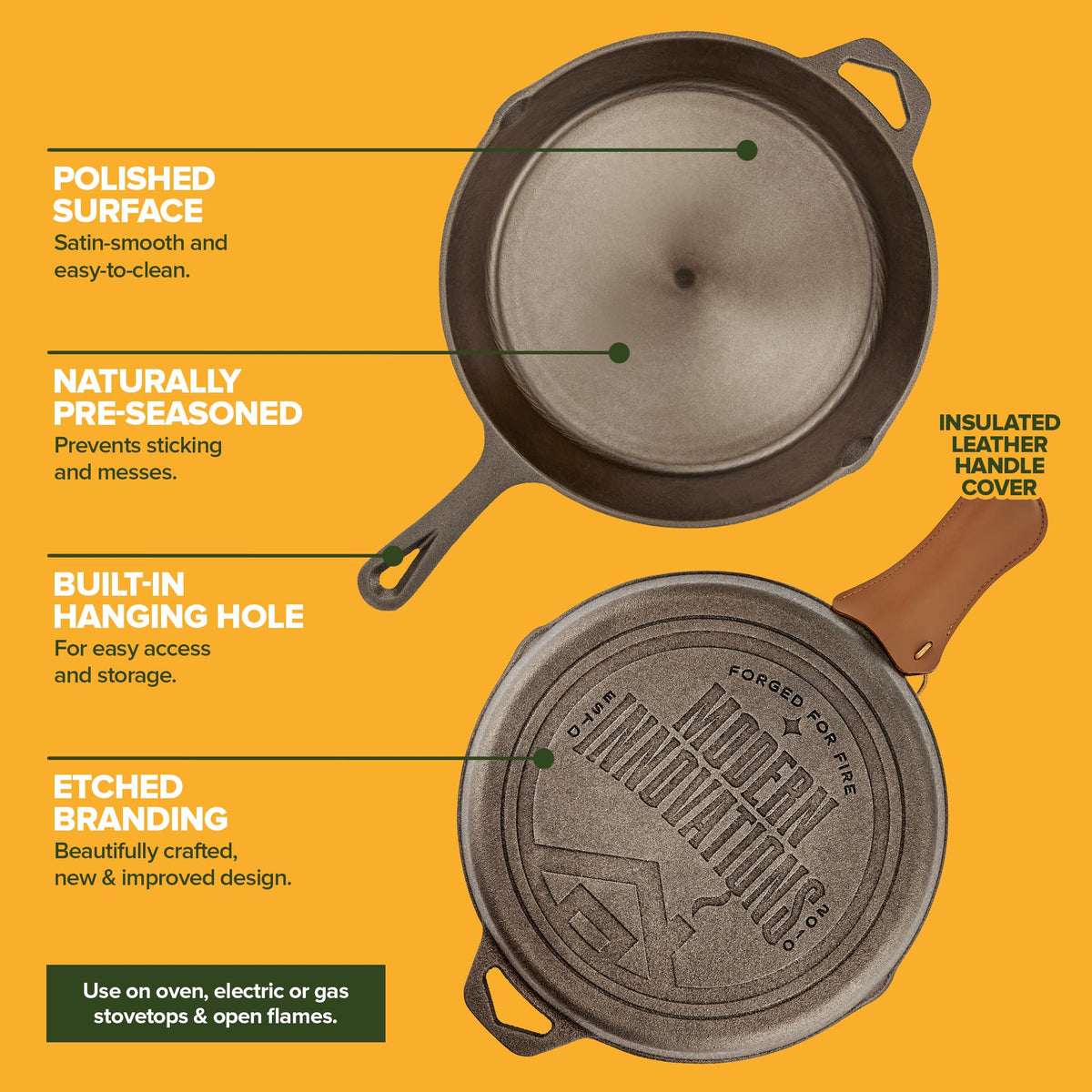 Modern Innovations bronze-handle skillet offers secure grip during stovetop and campfire cooking.