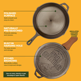 Modern Innovations bronze-handle skillet offers secure grip during stovetop and campfire cooking.
