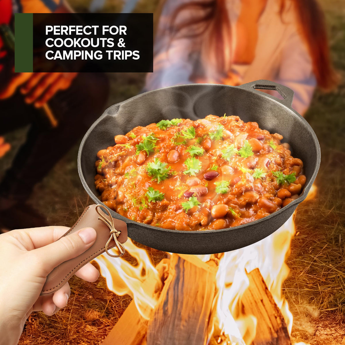 Modern Innovations easy-clean cast iron skillet with hand-wash care to prevent rust.