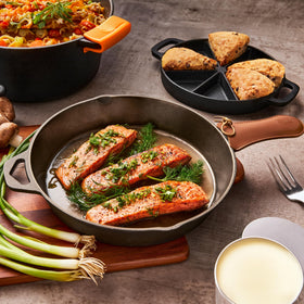Modern Innovations cast iron skillet with even-heat performance for thorough searing.