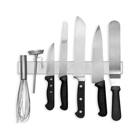 Modern Innovations 14-inch magnetic knife bar, sleek satin steel, space-saving knife storage.