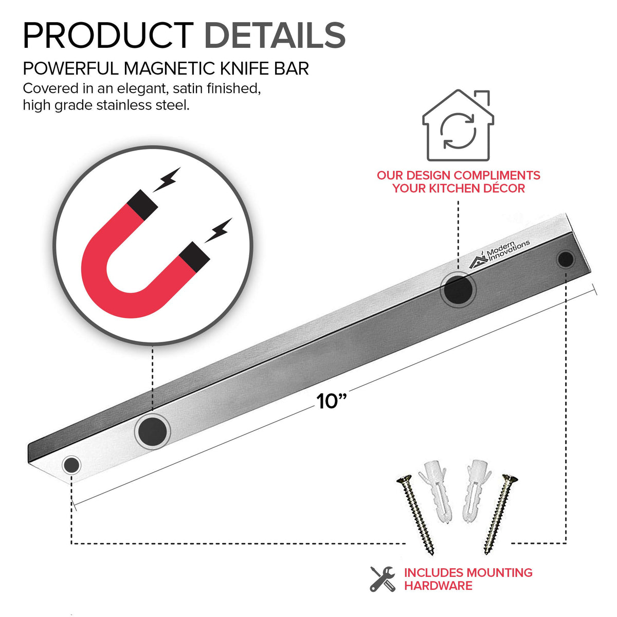 Modern Innovations knife bar holding knives securely, saving counter space