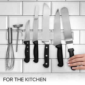 Modern Innovations stainless steel magnetic bar keeps tools within reach in garage or shop.