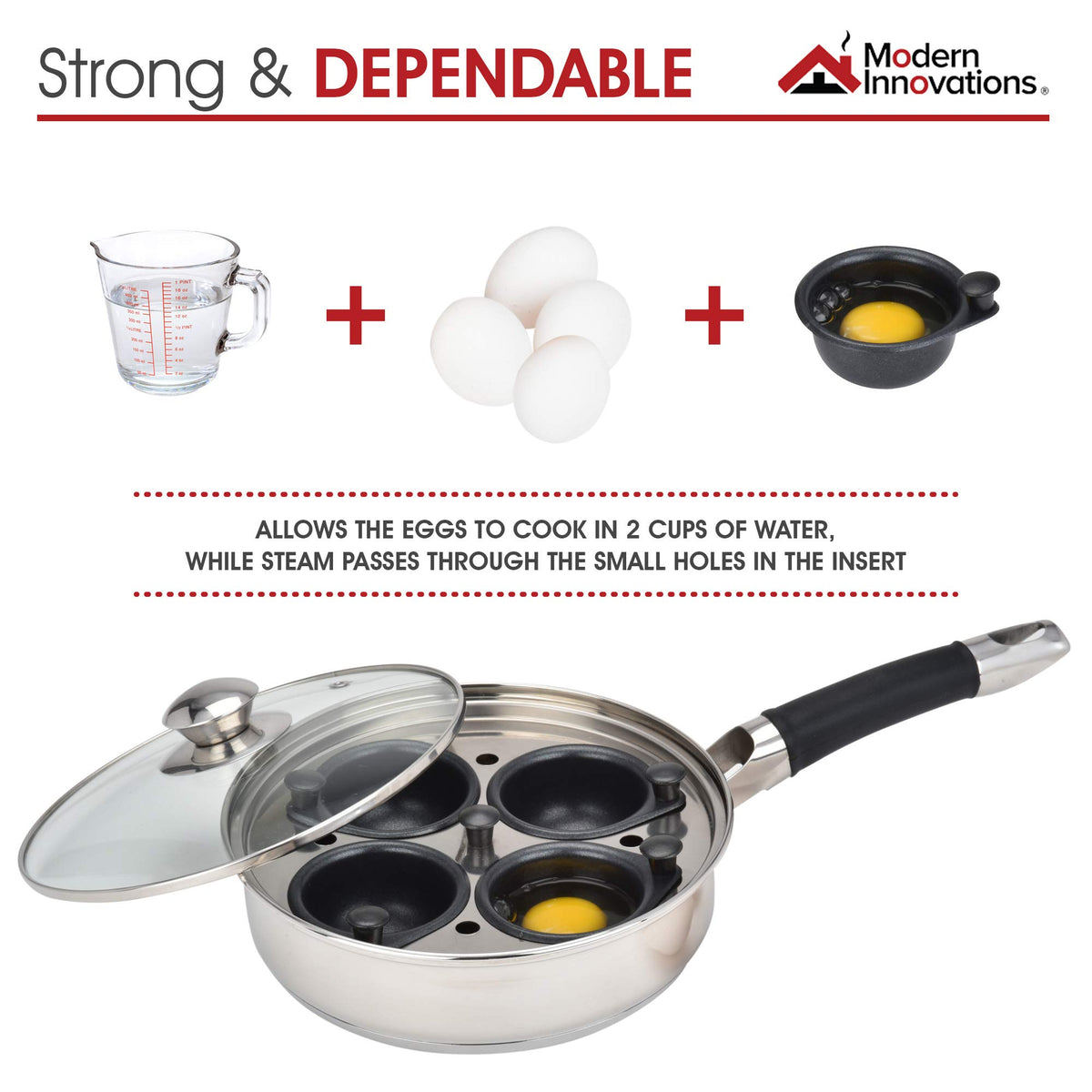 Modern Innovations stainless steel pan with water for even steaming.