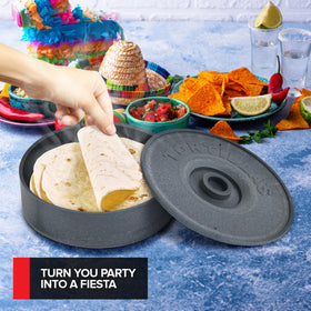 Modern Innovations tortilla bar setup using large tortilla warmer