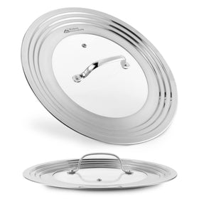 Modern Innovations universal lid with glass top on a pot, monitoring cooking progress
