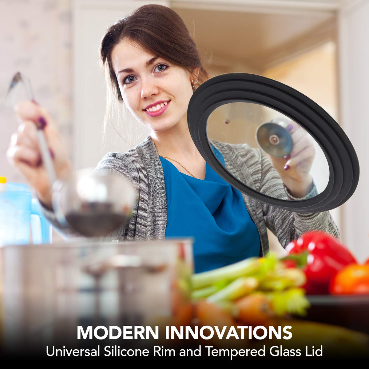 Modern Innovations universal lid replaces multiple lids, keeping cupboards organized.