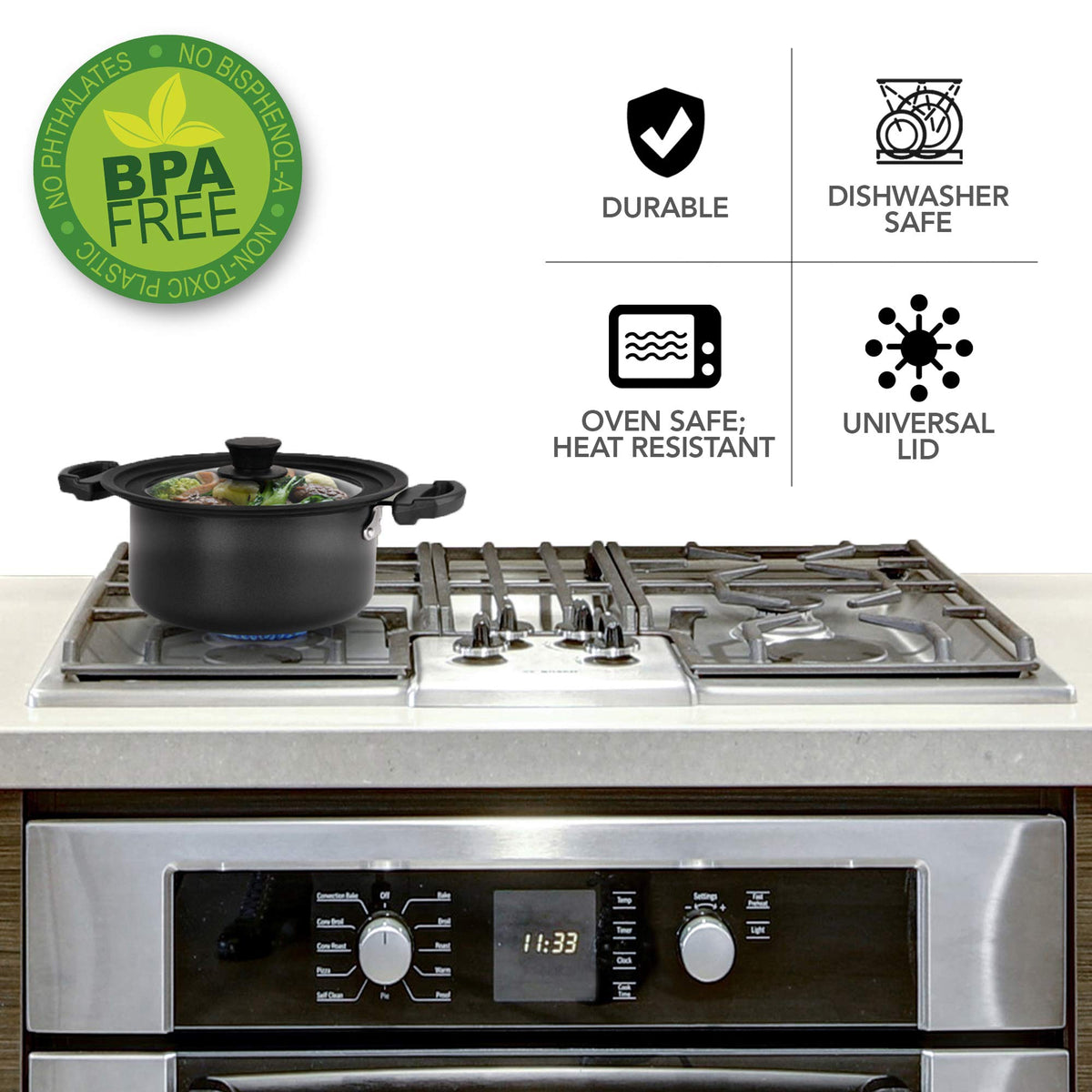 Modern Innovations lid features a heat-resistant knob for safe handling.