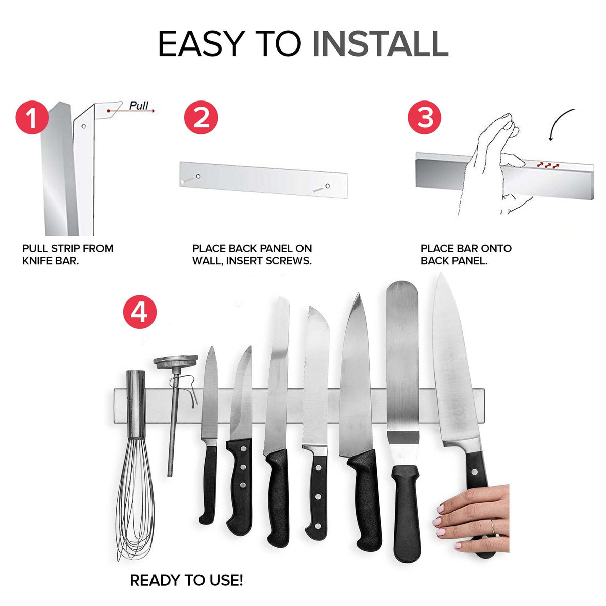 Modern Innovations knife bar mounted above counters frees drawer space.