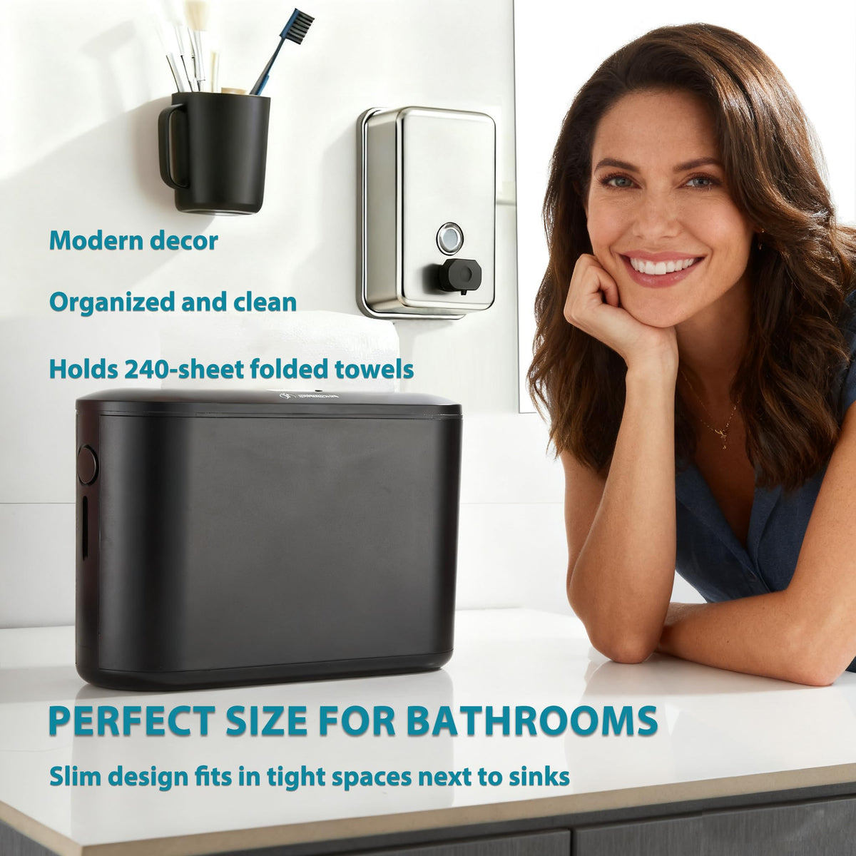 Modunful black space-saving towel dispenser keeps towels organized in small kitchens.