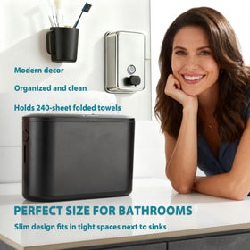 Modunful black space-saving towel dispenser keeps towels organized in small kitchens.