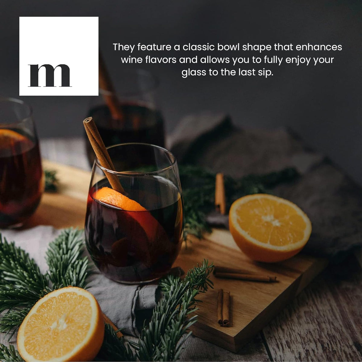 Modvera stemless wine glasses on dining table setup for entertaining with four-pack convenience