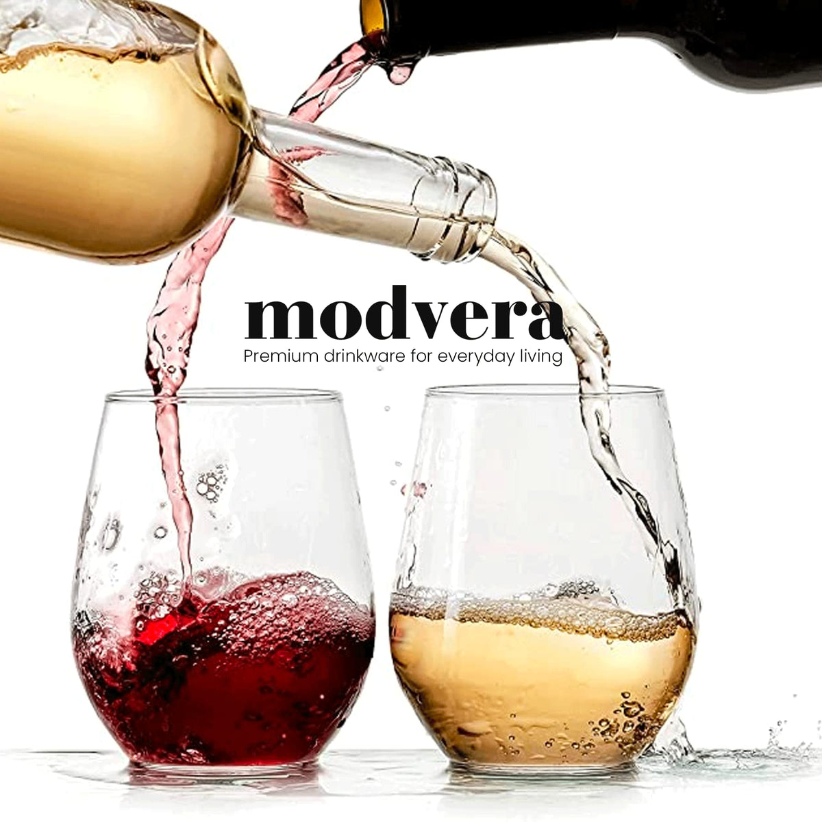 Modvera stemless wine glasses with a broad base to reduce spills.