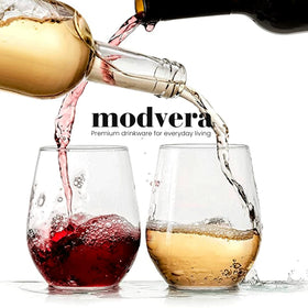 Modvera stemless wine glasses with a broad base to reduce spills.