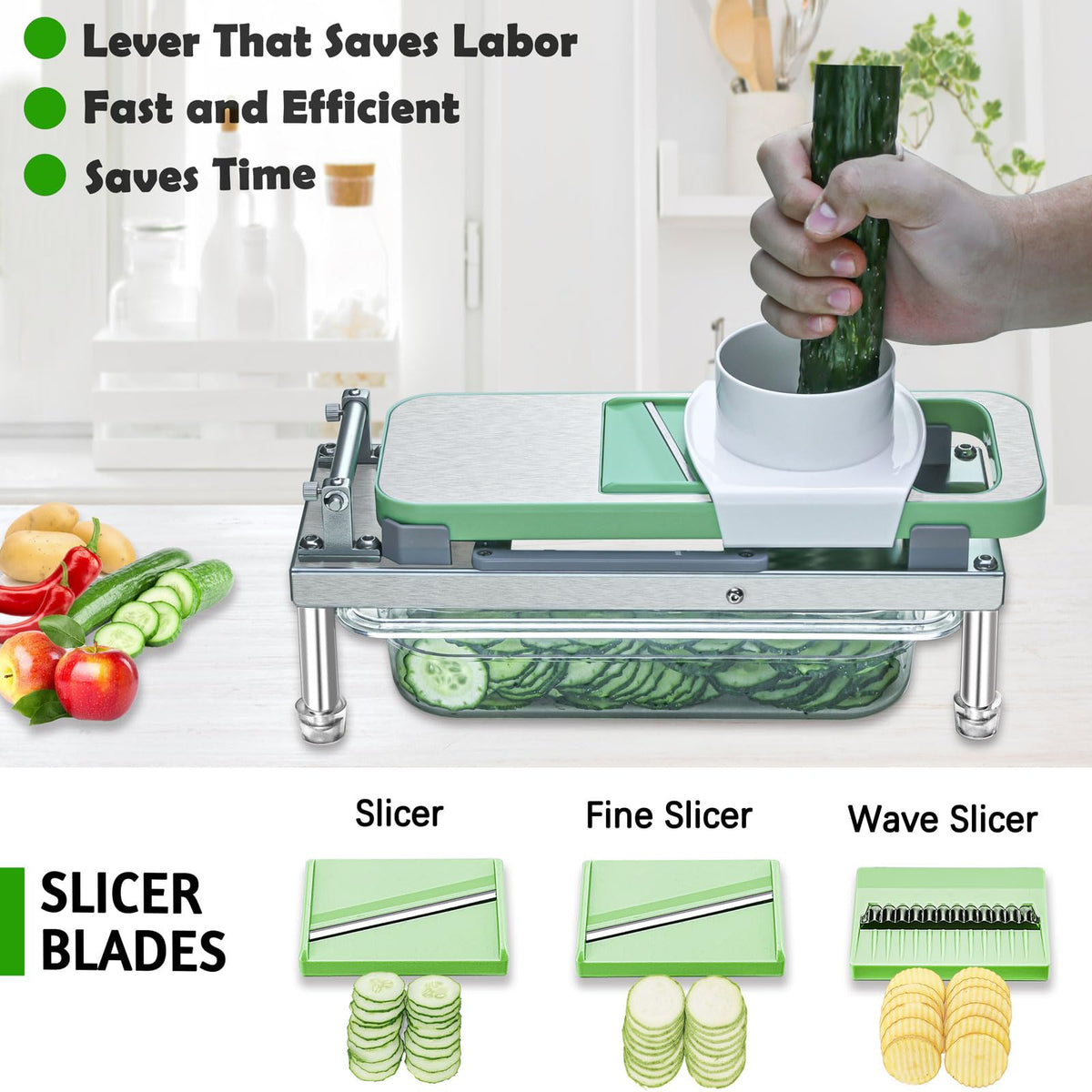 Interchangeable 10-blade system enables precise slicing, dicing and shredding.