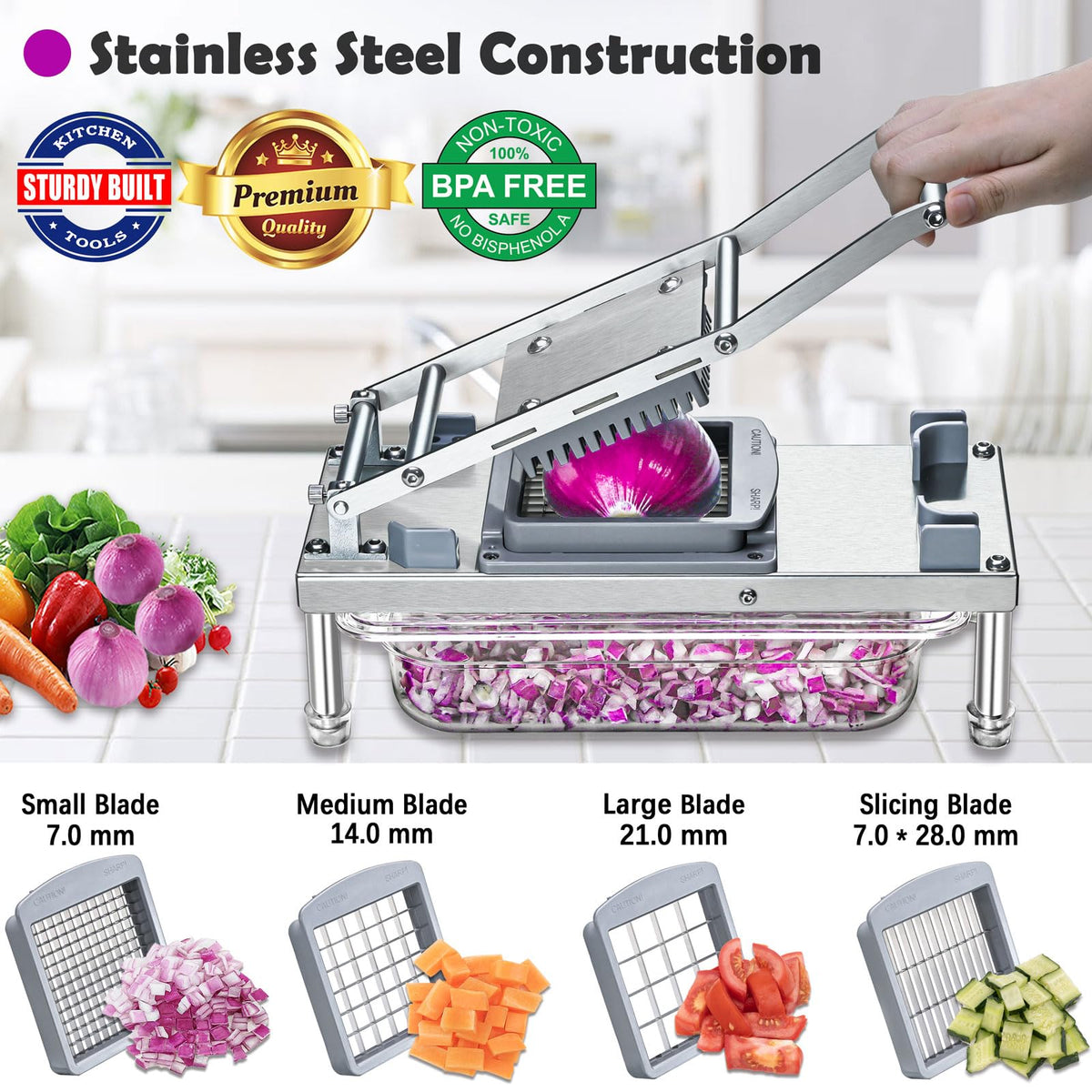 Moeuonb chopper with container captures sliced produce for easy prep.