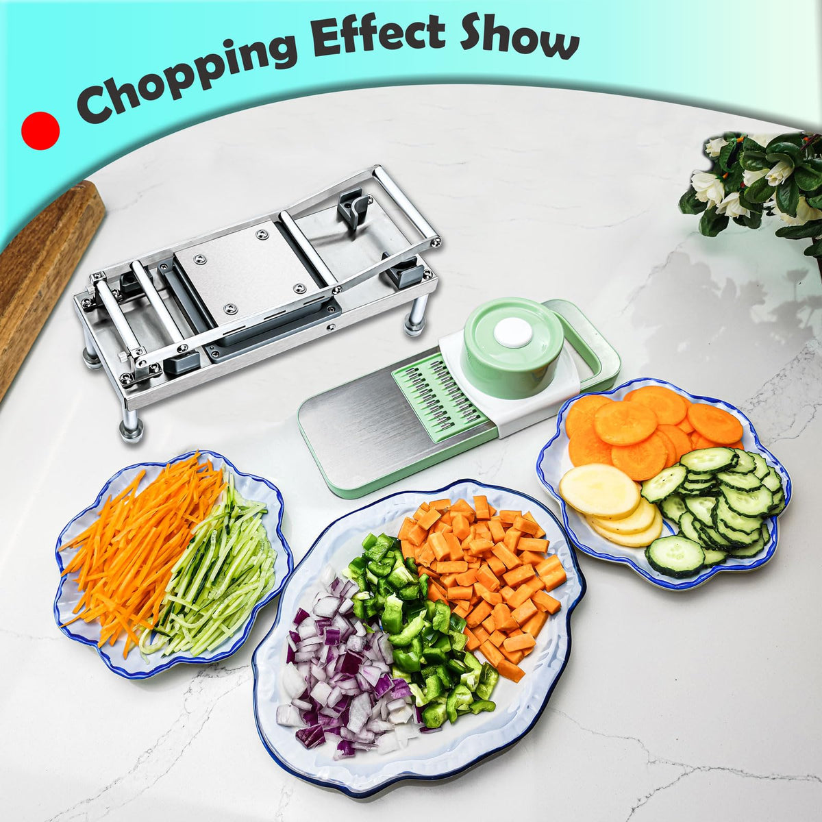 Moeuonb dicing and slicing blades enable uniform cuts for recipes