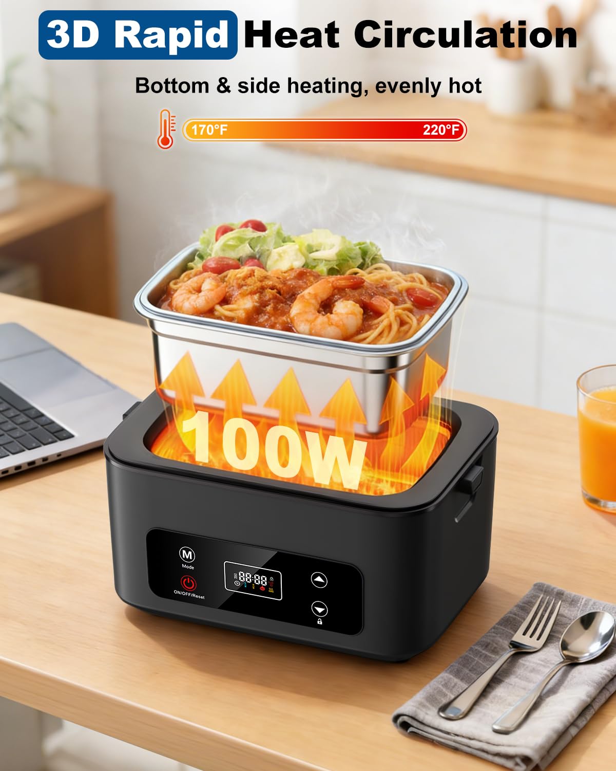 Moexili electric lunch box lid open highlighting 1.2L capacity for larger meals.