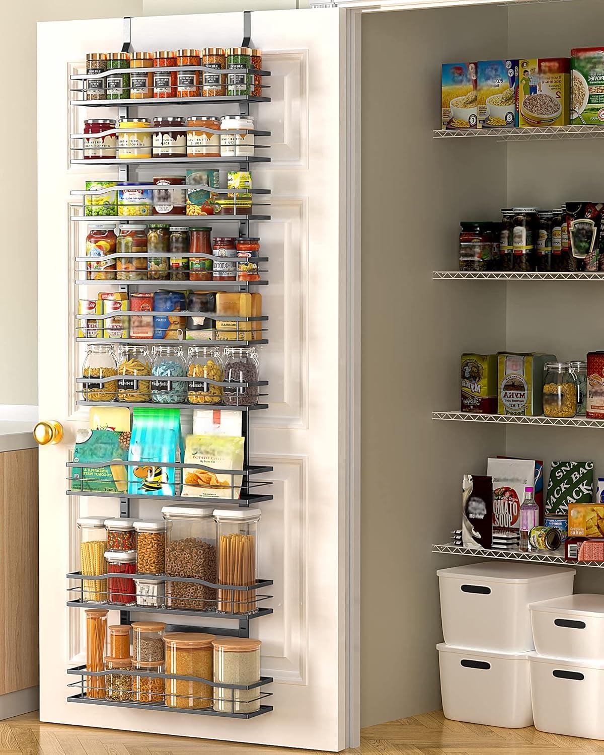 Moforoco 9-tier door pantry organizer mounted for extra storage.