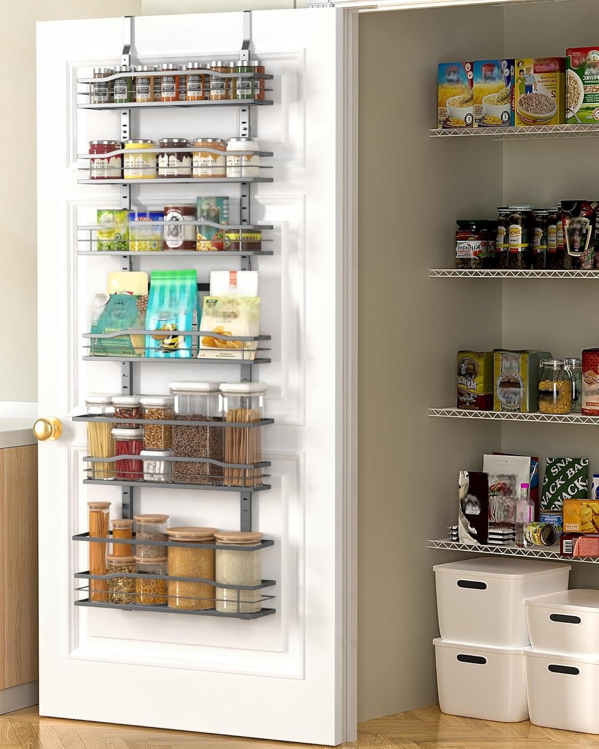 Moforoco over-door pantry organizer front view with durable metal for kitchen storage.
