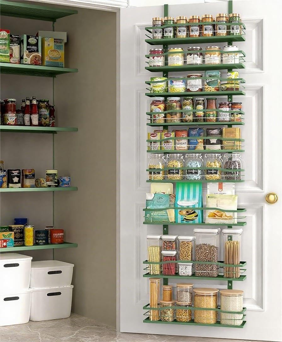 Moforoco Sage Green 9-tier over-the-door pantry shelves organizing spice jars.