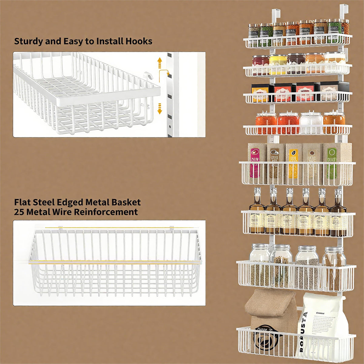 Moforoco spice rack shelves closeup highlighting sturdy baskets.