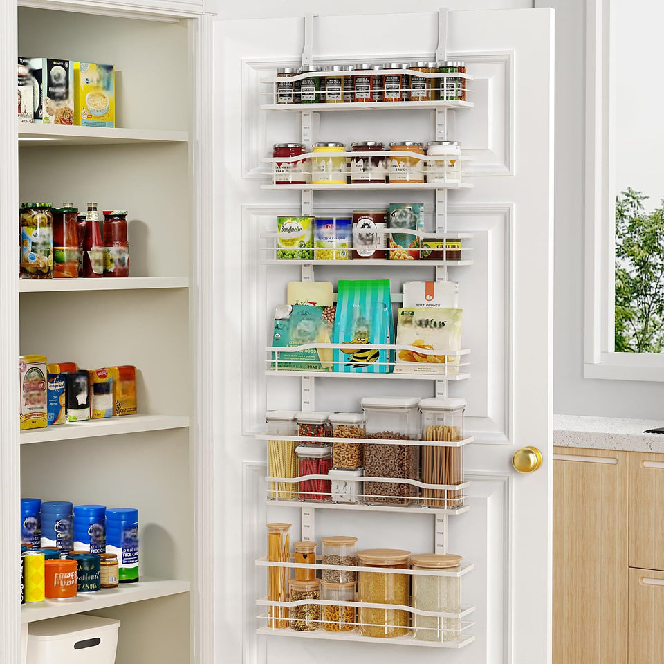 Moforoco White 6-Tier Over Door Pantry Organizer assembly for space-saving kitchen storage.