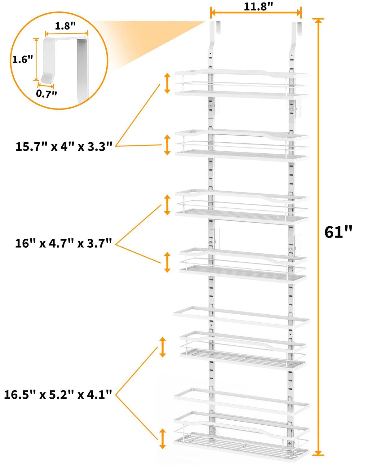 Moforoco White 6-Tier Over Door Pantry Organizer durability highlights sturdy metal construction.