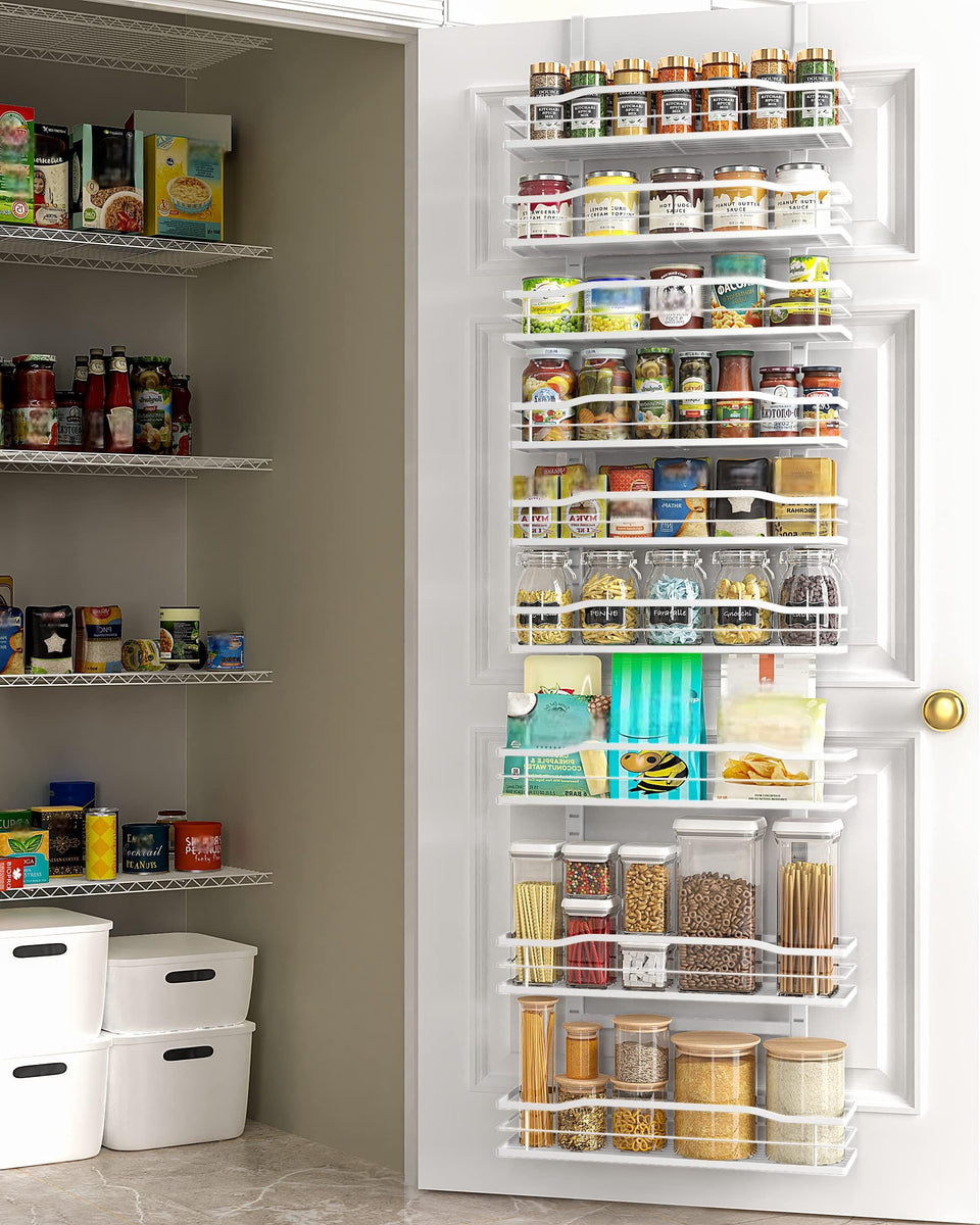 Moforoco White 9-tier on-door pantry organizer front view showing space optimization for spices and jars