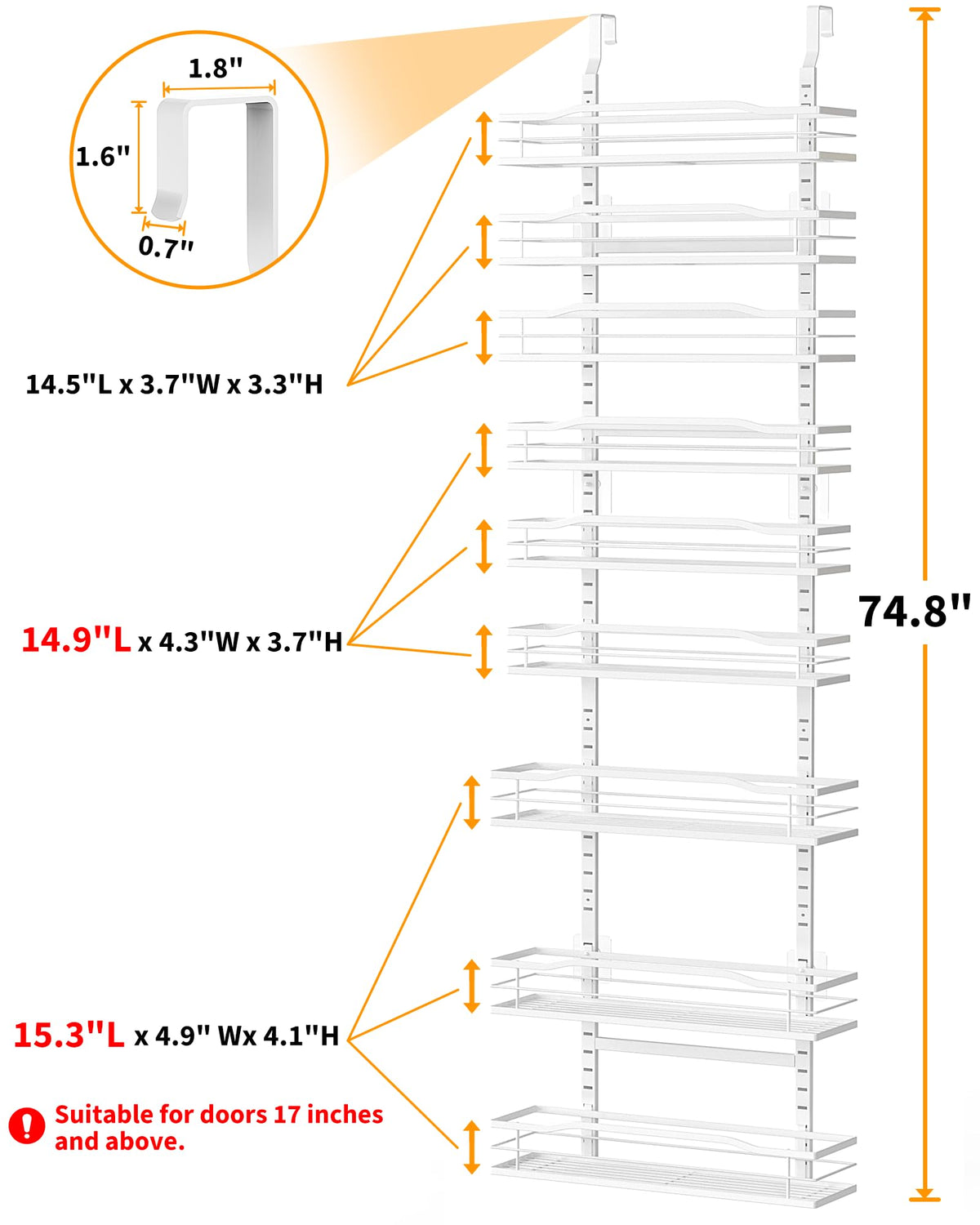 Close-up of Moforoco 9-tier shelves on door highlighting sturdy metal construction