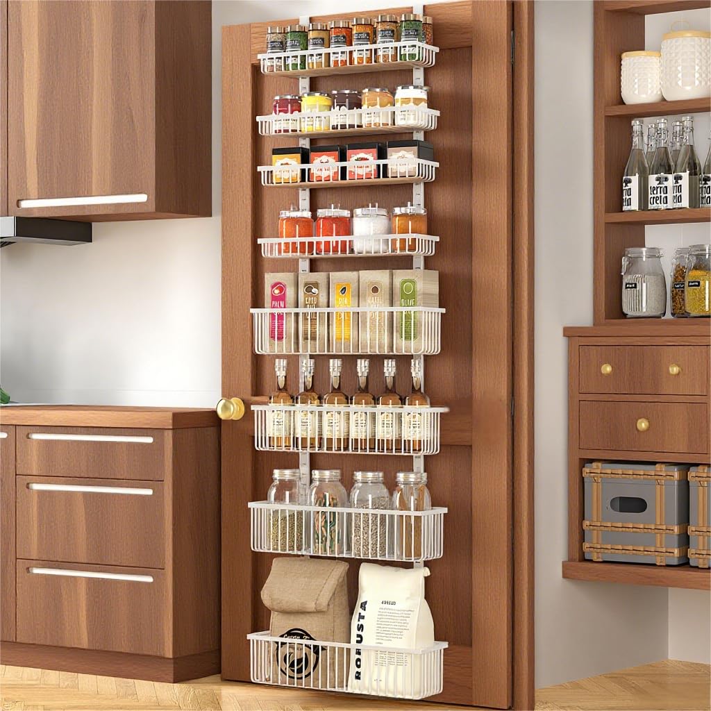 Moforoco white over-the-door pantry organizer, side view, showcasing sturdy 8-tier storage for spices.
