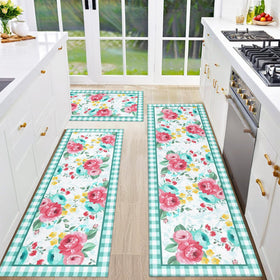 Mofvugz red-teal floral kitchen rug 17x30 with plush velvet for comfortable standing.