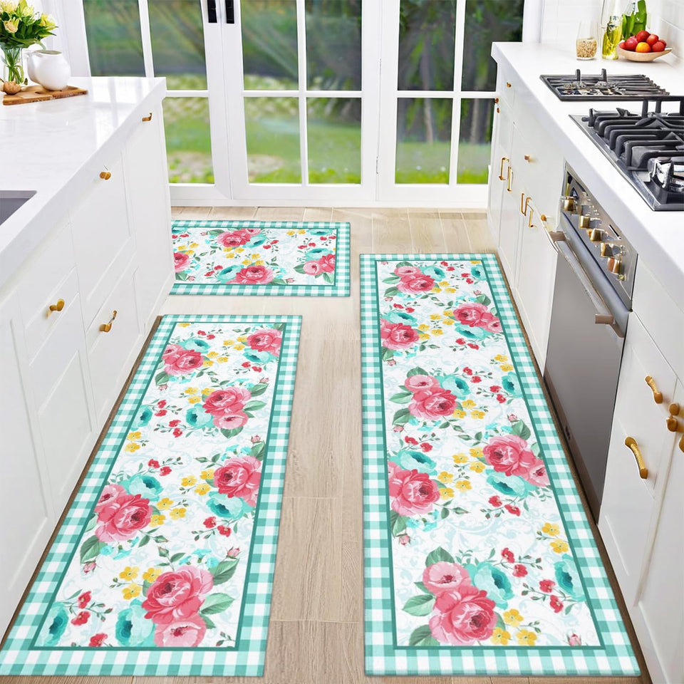 Mofvugz red-teal floral kitchen rug 17x30 with plush velvet for comfortable standing.