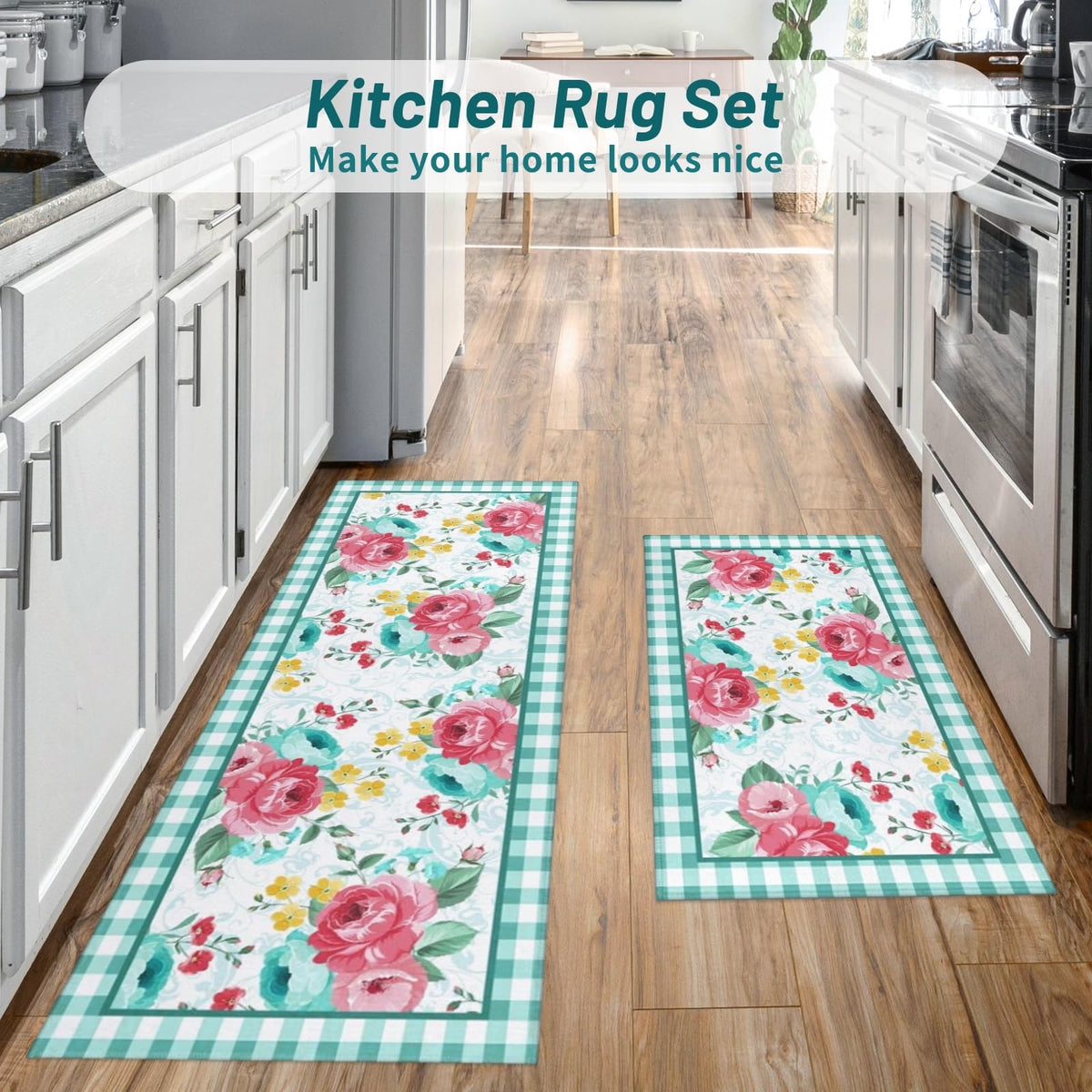 Mofvugz red-teal floral kitchen rug 17x47 showing non-slip backing in place.