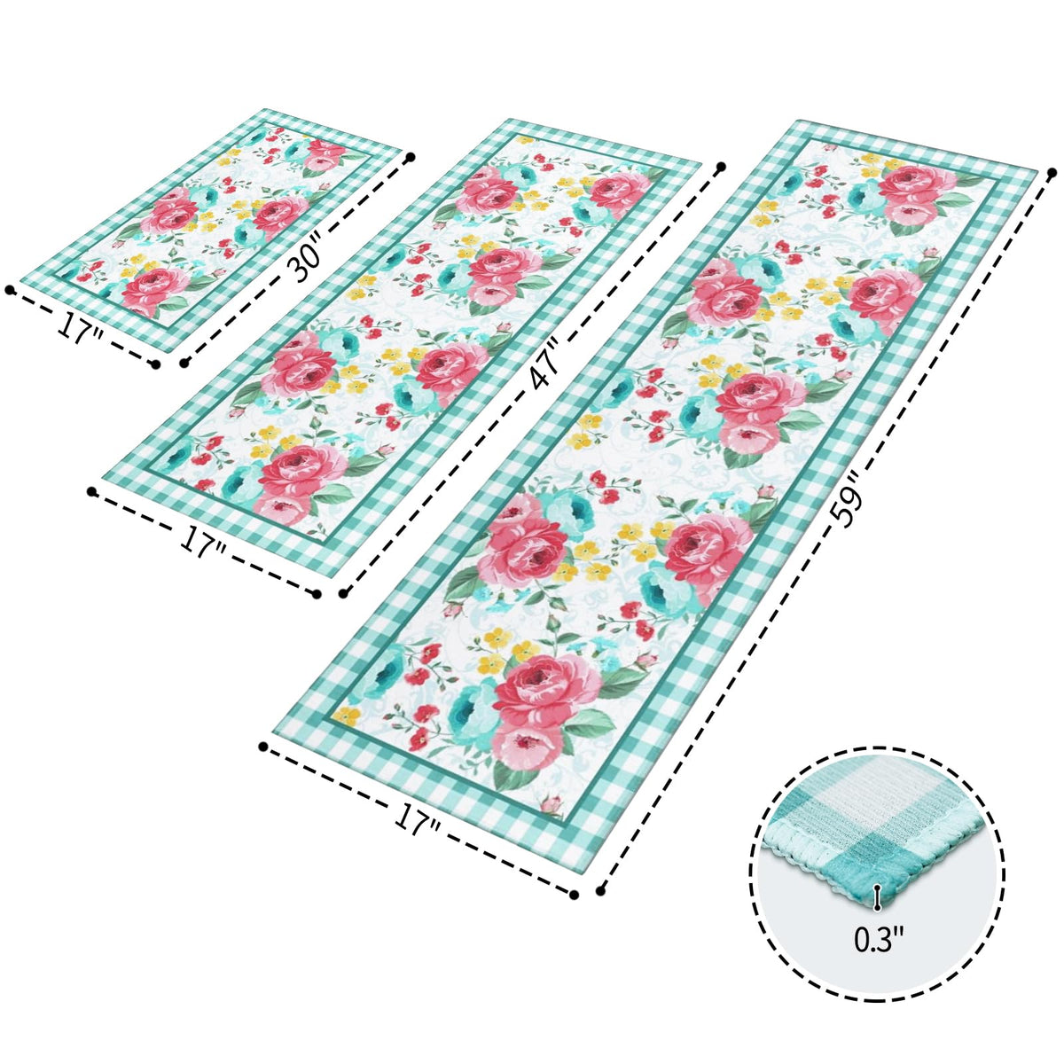 Mofvugz red-teal floral kitchen rug 17x59 durable surface ready for busy kitchen.
