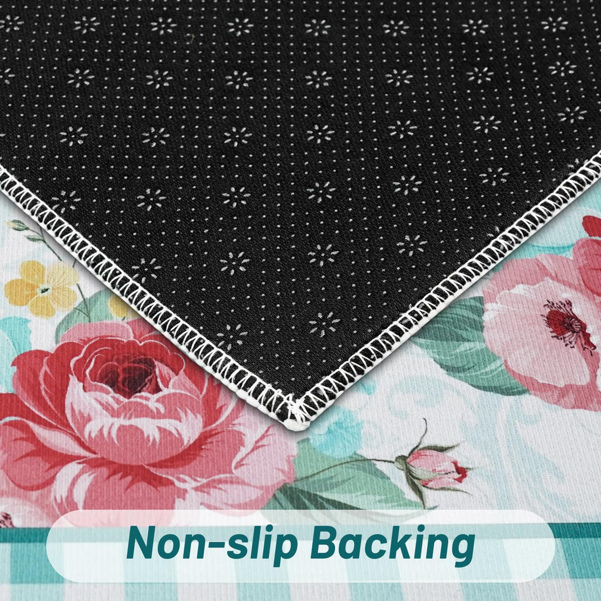 Mofvugz red-teal floral kitchen rug non-slip back detail for safety.