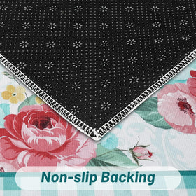 Mofvugz red-teal floral kitchen rug non-slip back detail for safety.