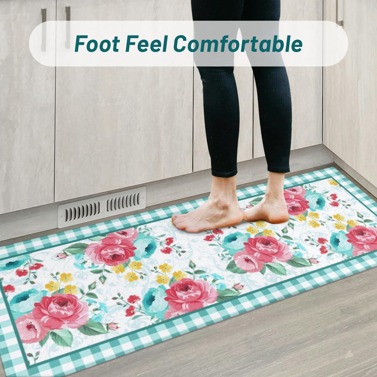 Mofvugz set of three floral kitchen rugs displayed in a bright kitchen.