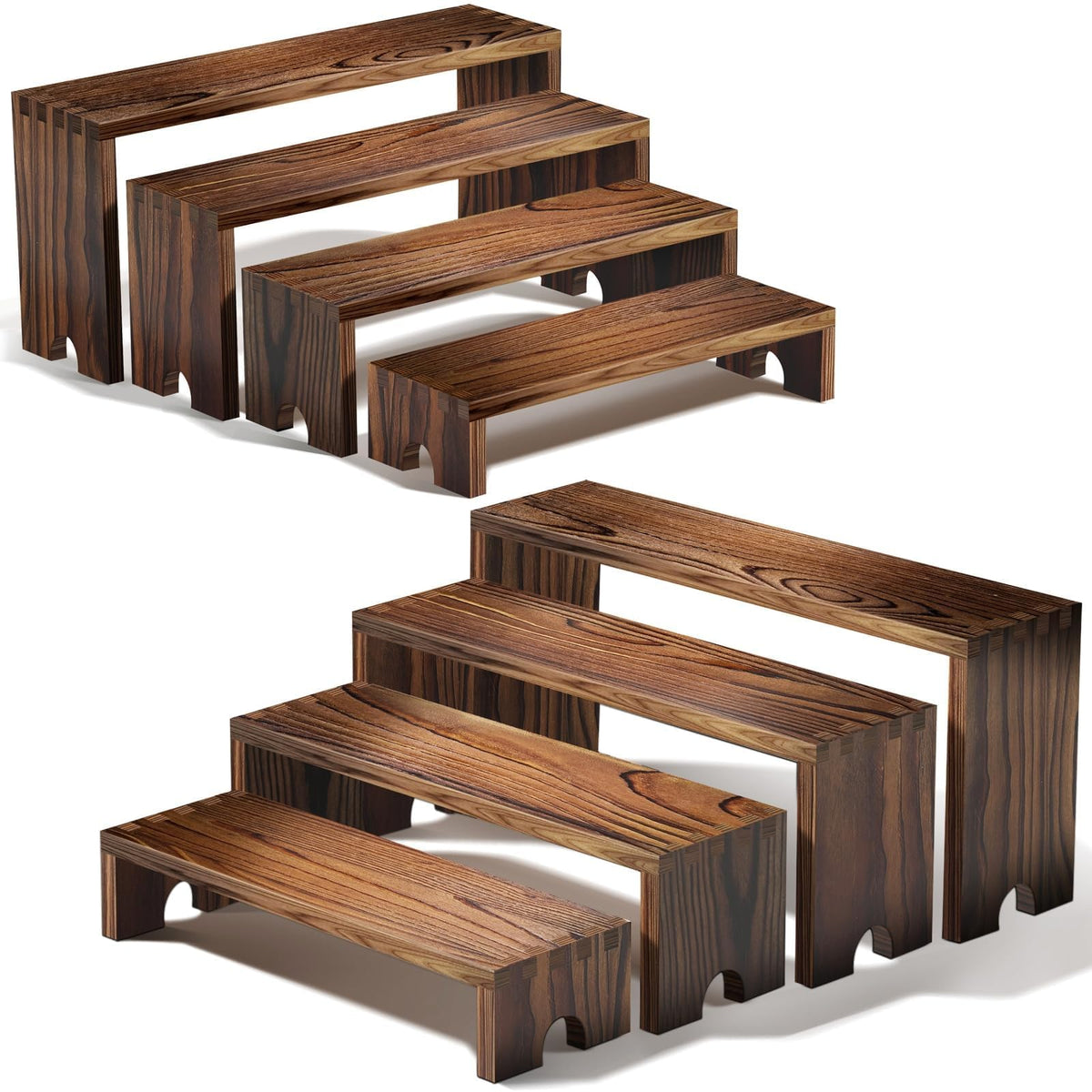 Mogenxoye wood-tone 4-tier display stand in 12-inch configuration for cupcakes.