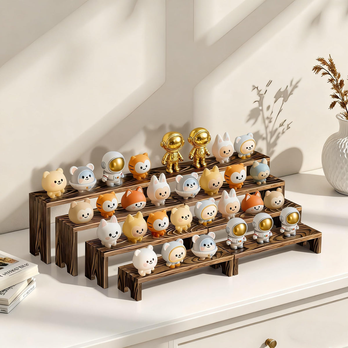 Mogenxoye wood-tone cupcake riser enhances bakery display.