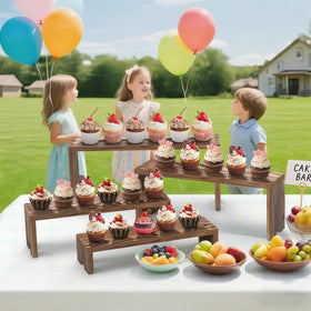 Mogenxoye wood-tone stackable risers ideal for event table setups.