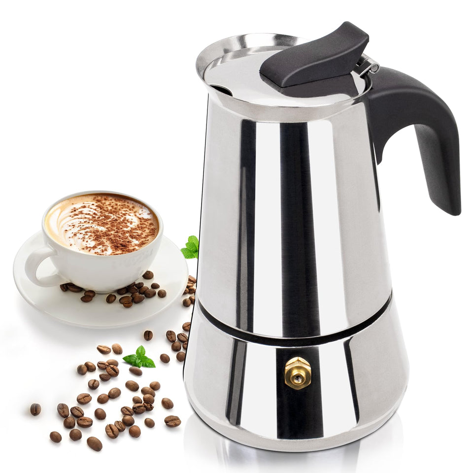 Mogrecha 2 Cup moka pot on stove brewing a rich, aromatic espresso