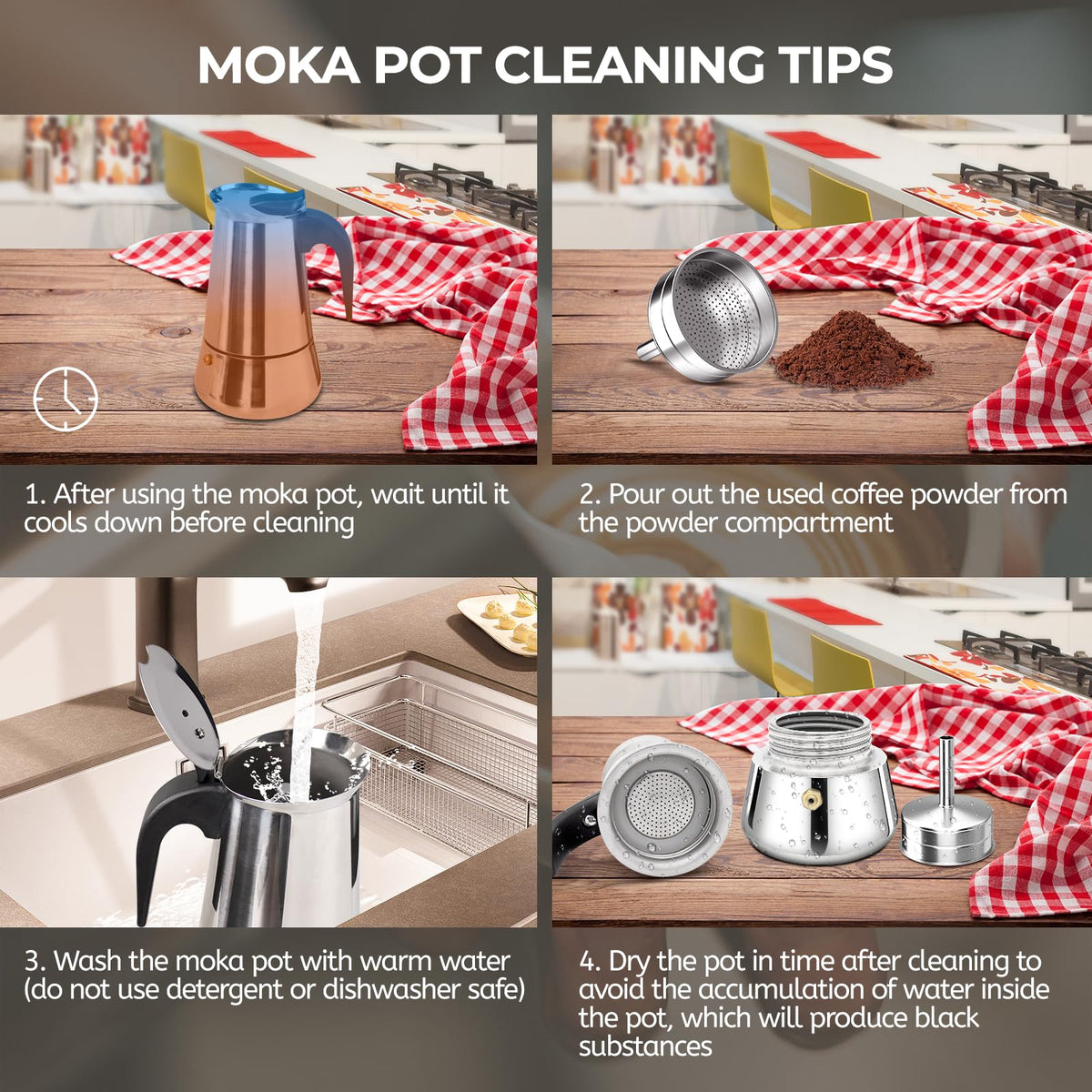 Mogrecha moka pot showing dishwasher-safe parts for easy cleaning