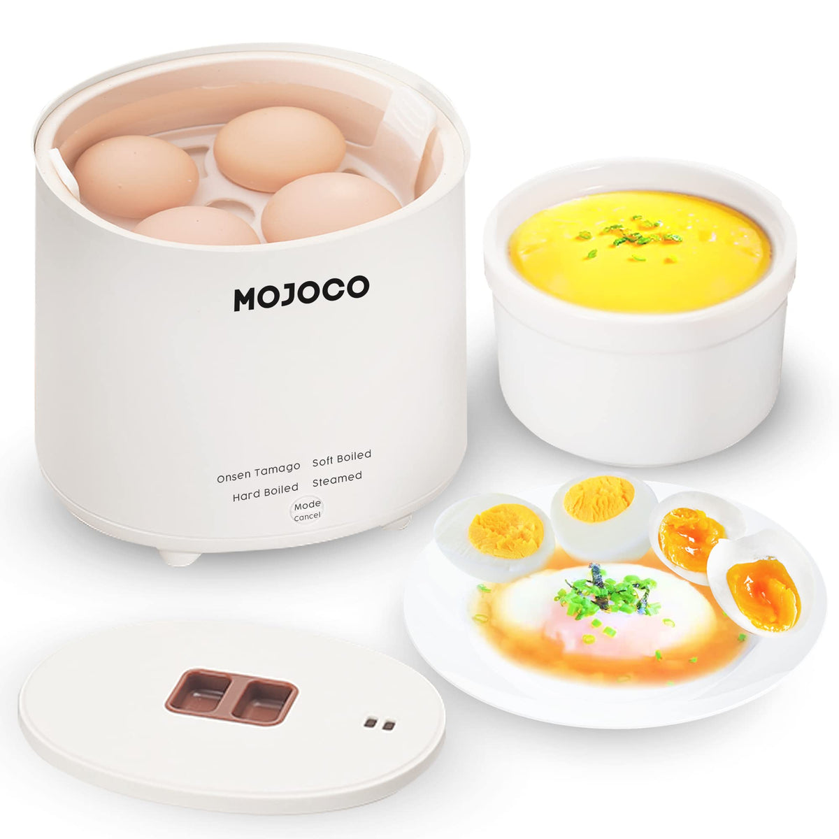 MOJOCO rapid egg cooker main unit on counter enables fast, flavorful eggs.