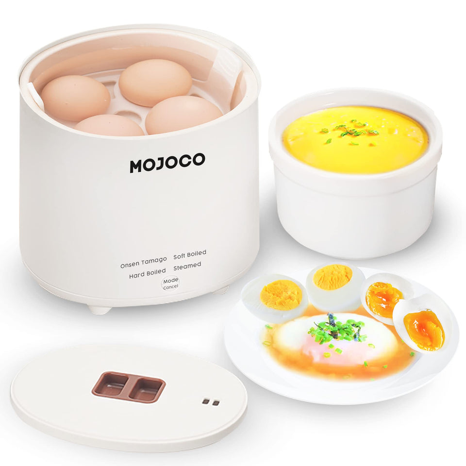 MOJOCO rapid egg cooker main unit on counter enables fast, flavorful eggs.
