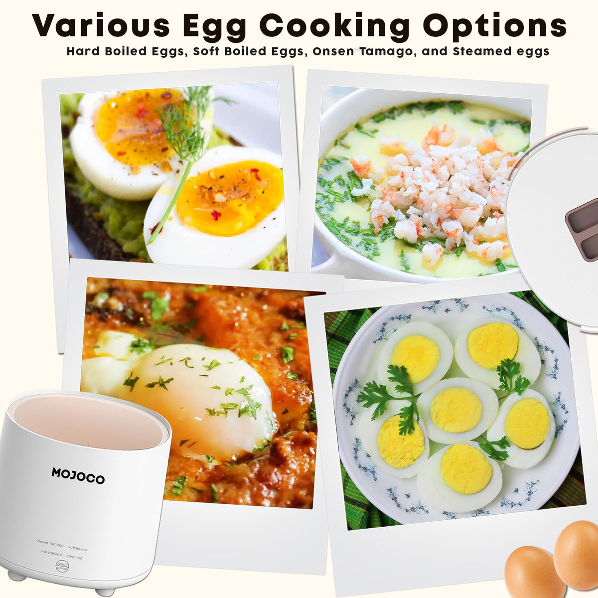 MOJOCO egg cooker soft-boiled-eggs display for perfect runny centers.