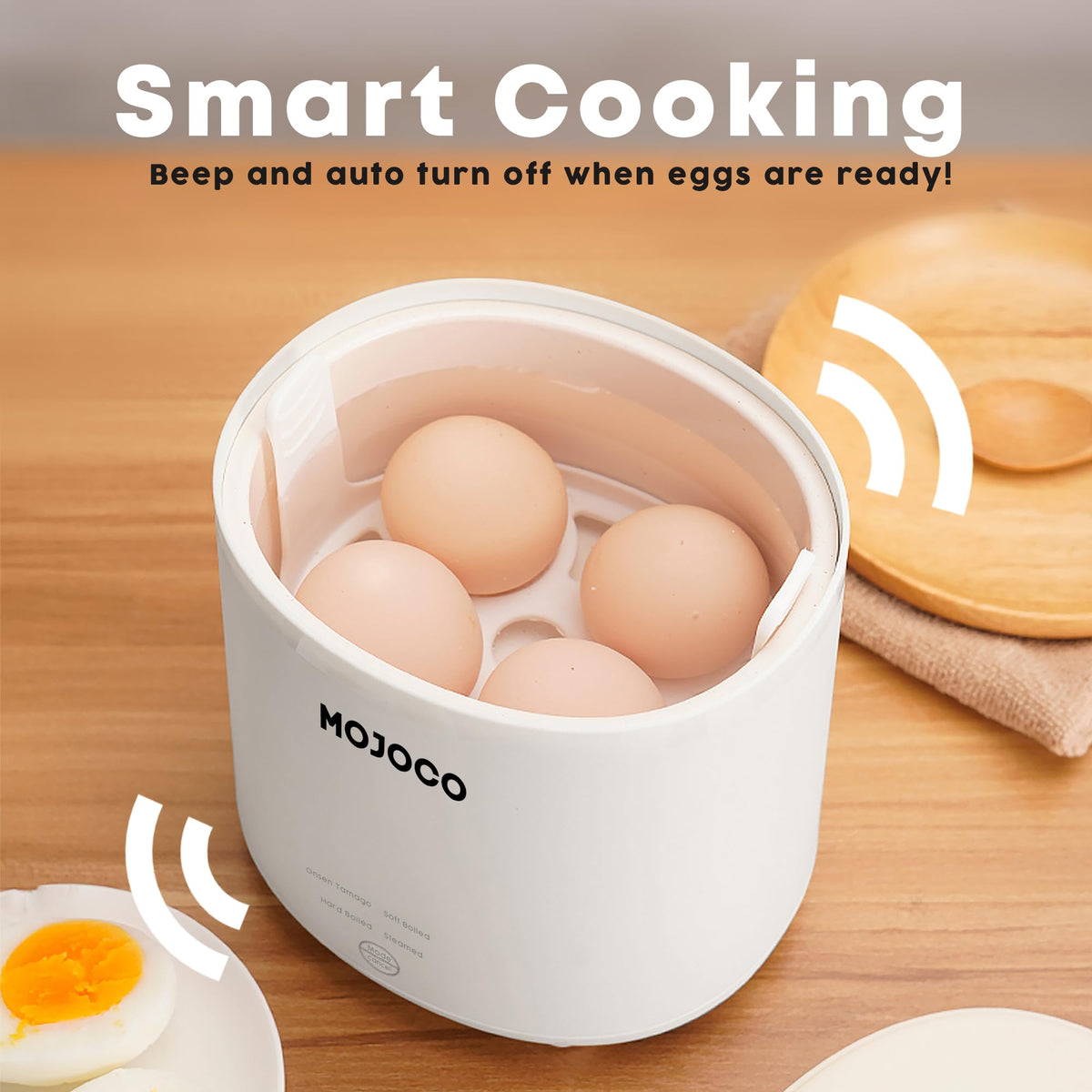 MOJOCO rapid egg cooker steamed-egg setup supports quick, consistent results.